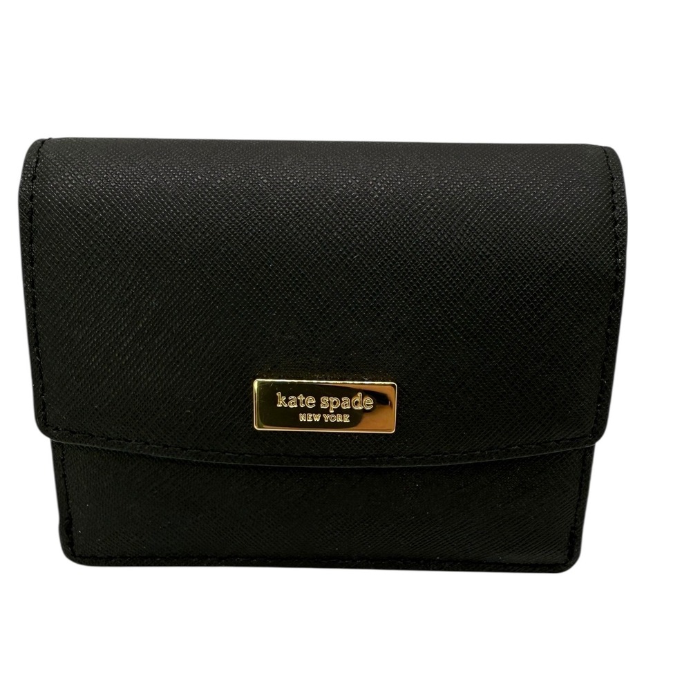 Kate‎ Spade New York Black Leather Card Holder Wallet Gold Logo New Present Gift